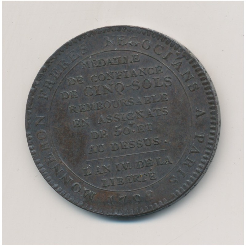 Monneron 5 Sols au pacte fédératif - 1792 - AN 4