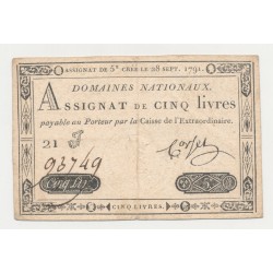 Assignat - 5 Livres - 28 Septembre 1791