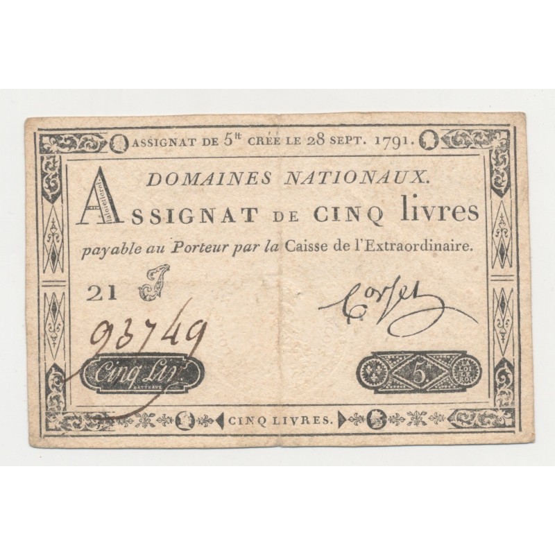 Assignat - 5 Livres - 28 Septembre 1791