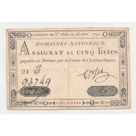 Assignat - 5 Livres - 28 Septembre 1791