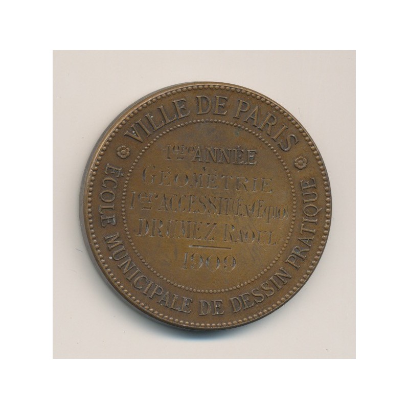 Médaille - Ville de paris - École de dessin - 1ère année géométrie - 1909 - bronze