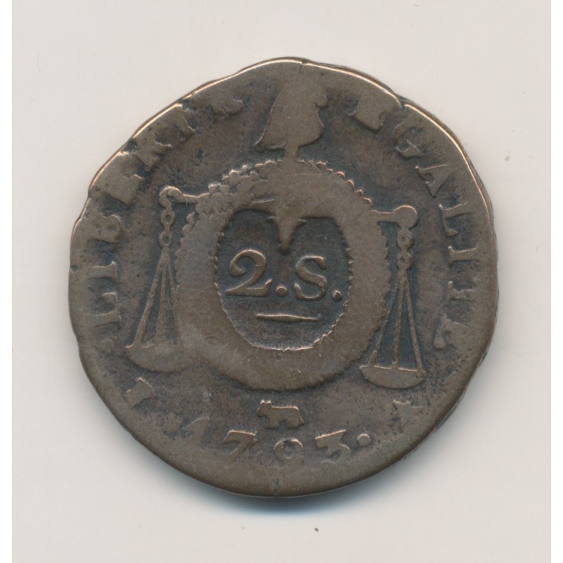 2 Sols à la balance - 1793 Pau - Cuivre - B