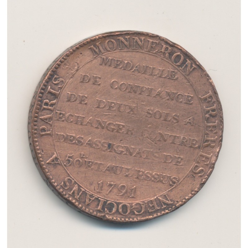 Monneron 2 Sols à la liberté assise - 1791 - AN 3 - TB