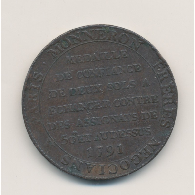 Monneron 2 Sols à la liberté assise - 1791 - AN 3 - TB/TTB