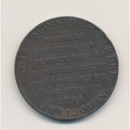 Monneron 2 Sols à la liberté assise - 1791 - AN 3 - TB/TTB
