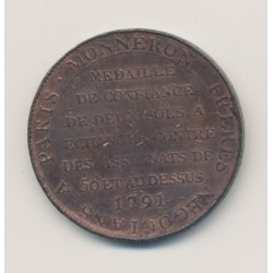 Monneron 2 Sols à la liberté assise - 1791 - AN 3 - TTB 2