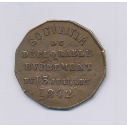 Médaillon - Ferdinand Philippe - Duc d'Orléans - Souvenir du déplorable événement 13 juillet 1842 - laiton - 26mm - TB 2