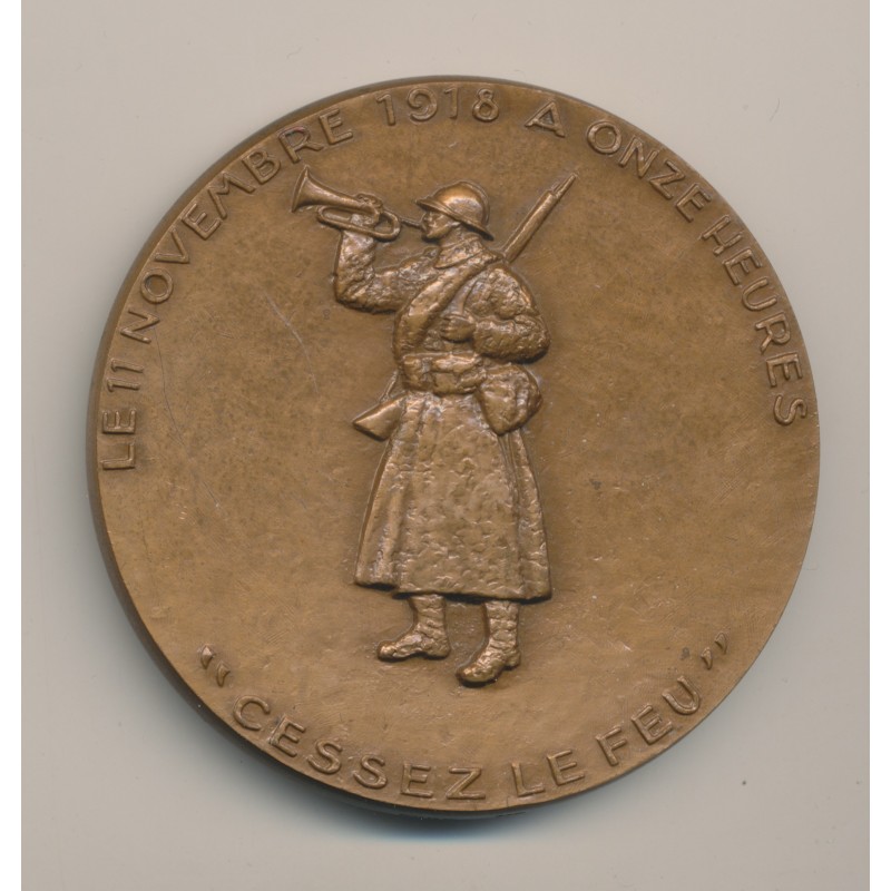 Médaille - Cessez le feu - 11 novembre 1918 - bronze - sur la tranche 1969 - gravée - 68mm - SUP