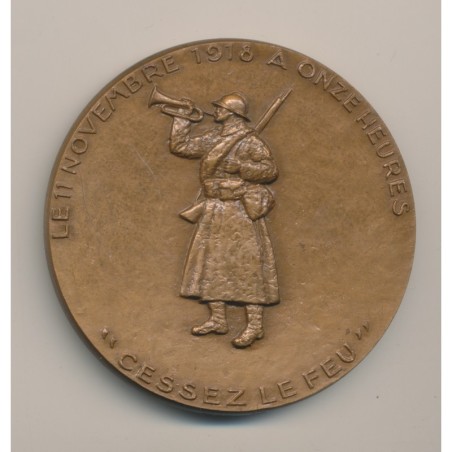 Médaille - Cessez le feu - 11 novembre 1918 - bronze - sur la tranche 1969 - gravée - 68mm - SUP