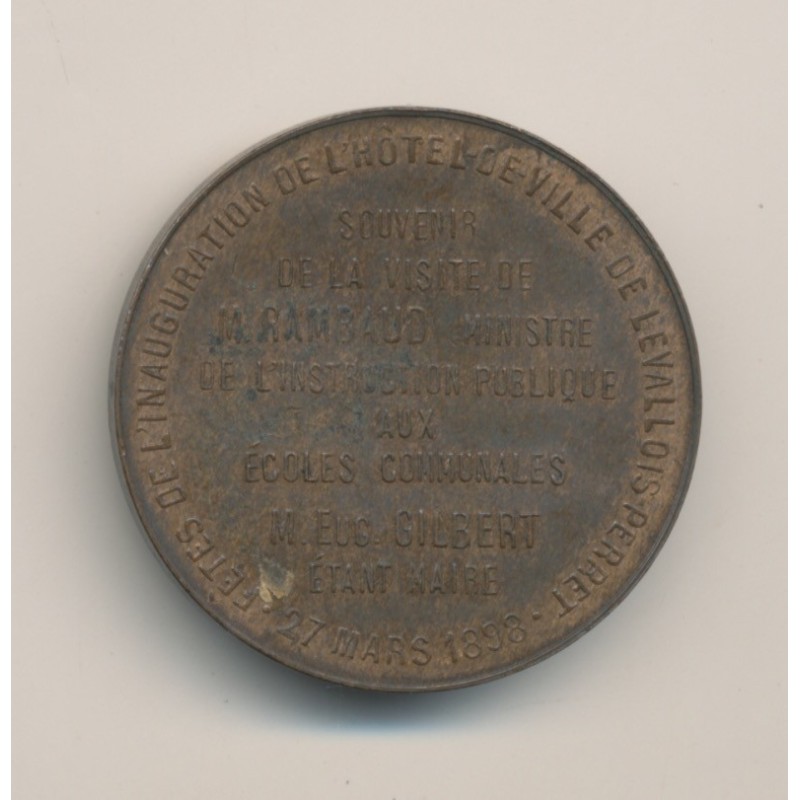 Médaille - Inauguration hôtel de ville - Levallois perret - 1898 - bronze - 30mm - SUP