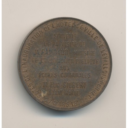 Médaille - Inauguration hôtel de ville - Levallois perret - 1898 - bronze - 30mm - SUP