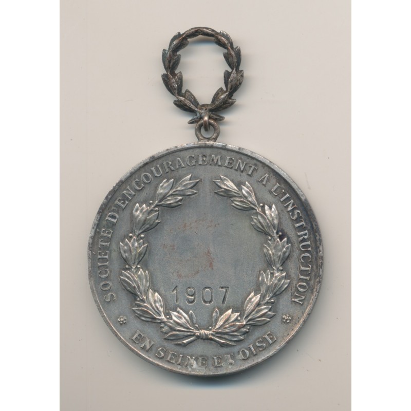 Médaille - Société d'encouragement à l'instruction - 1907 - Seine et oise - 47mm - bronze argenté - TB