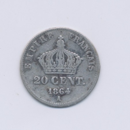 20 centimes Napoléon III - 1864 A Paris - Tête laurée - TB
