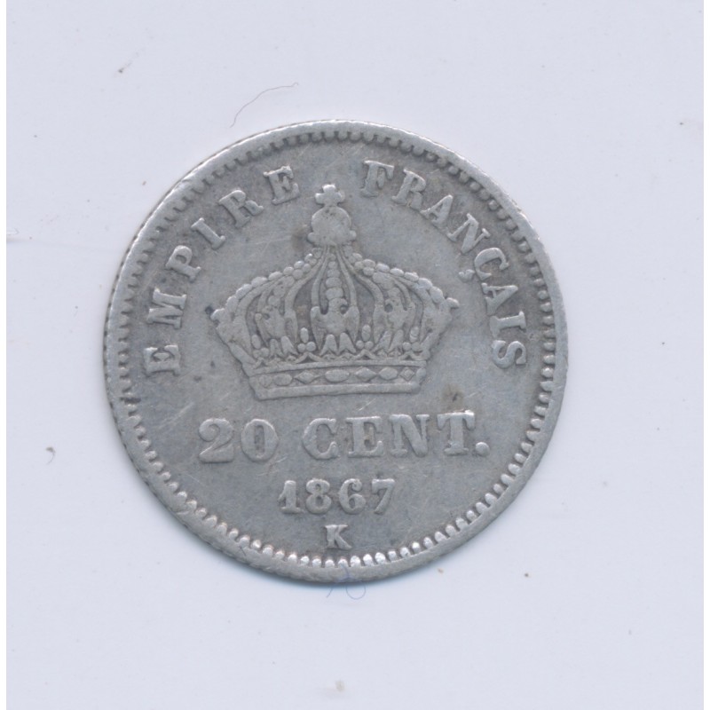 20 centimes Napoléon III - 1867 K Bordeaux - Tête laurée - TB