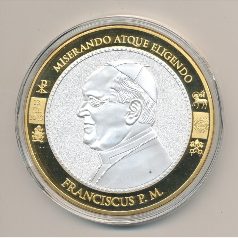 Médaille - Pape François - Revers blasons Vatican en couleur - cuivre doré et argenté - 70mm