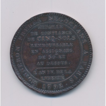 Monneron 5 Sols au pacte fédératif - 1792 - SUP