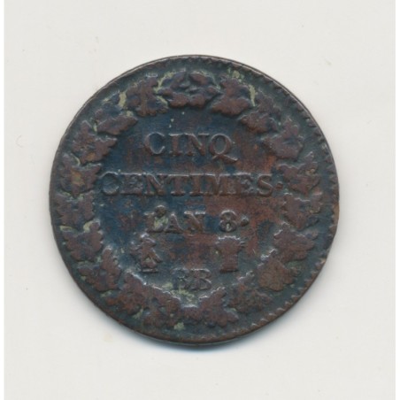 5 Centimes Dupré - AN 8 BB Strasbourg - TTB+ - Grand module 