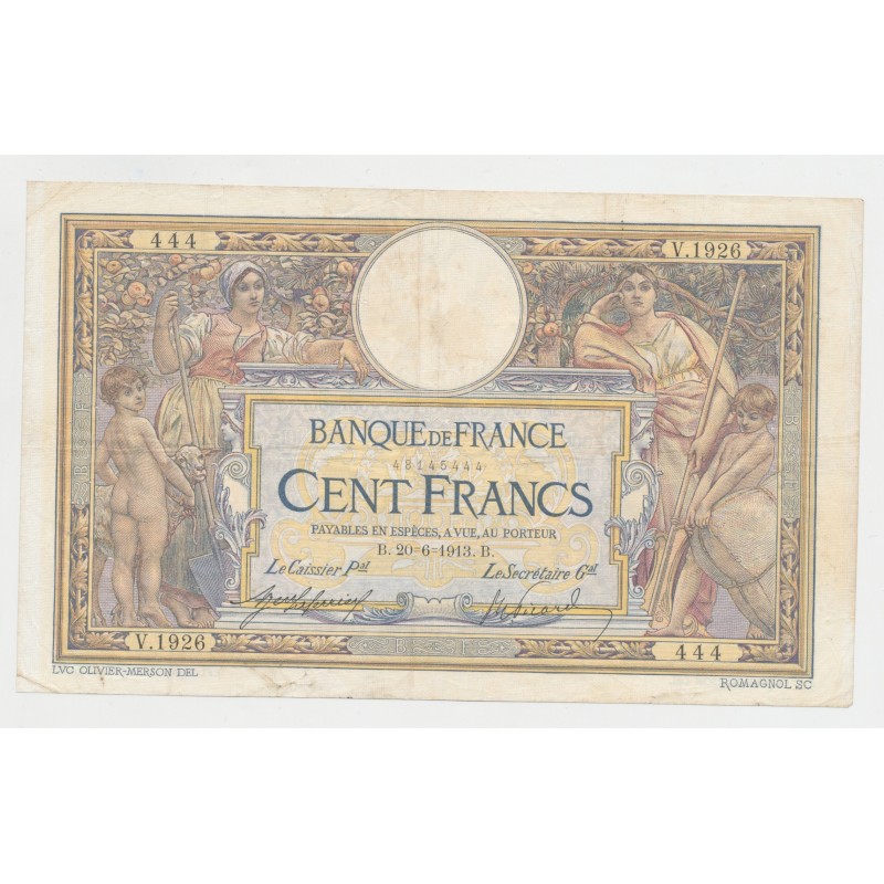 100 Francs Luc Olivier Merson - 20.06.1913 - TTB/TTB+