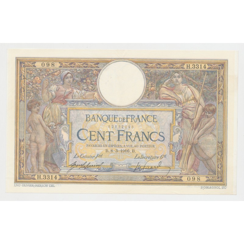 100 Francs Luc Olivier Merson - 8.03.1916 - TTB+