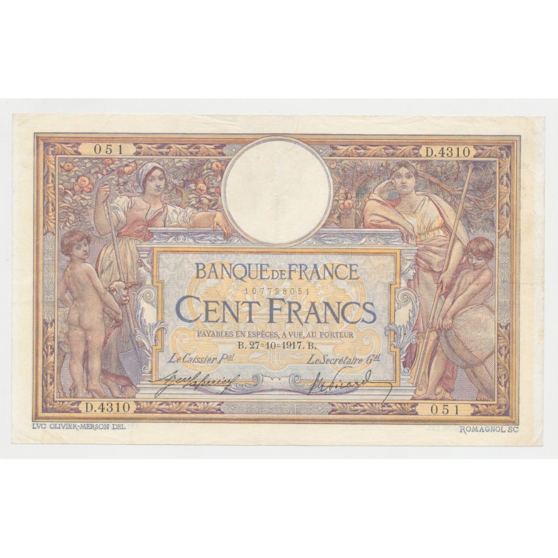 100 Francs Luc Olivier Merson - 27.10.1917 - TTB/TTB+