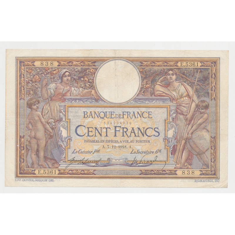 100 Francs Luc Olivier Merson - 7.12.1918 - TTB/TTB+