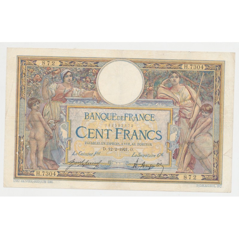 100 Francs Luc Olivier Merson - 12.02.1921 - TTB/TTB+