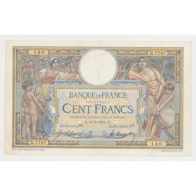 100 Francs Luc Olivier Merson - 11.07.1921 - TTB/TTB+
