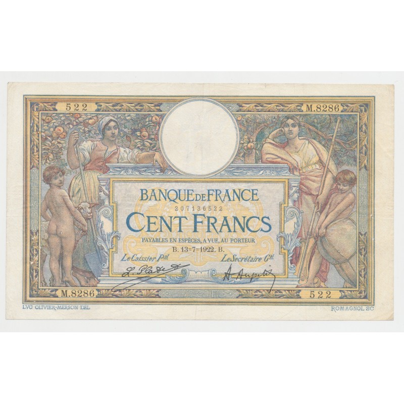 100 Francs Luc Olivier Merson - 13.07.1922 - TTB/TTB+