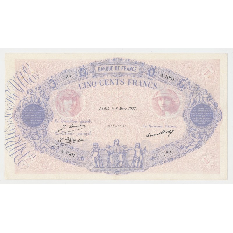 500 Francs Bleu et Rose - 8.3.1927 - A.1001 - TTB+