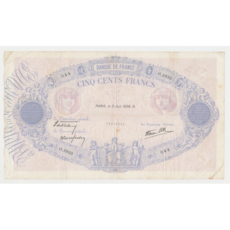 500 Francs Bleu et Rose - 2.6.1938 - O.2933 - TTB