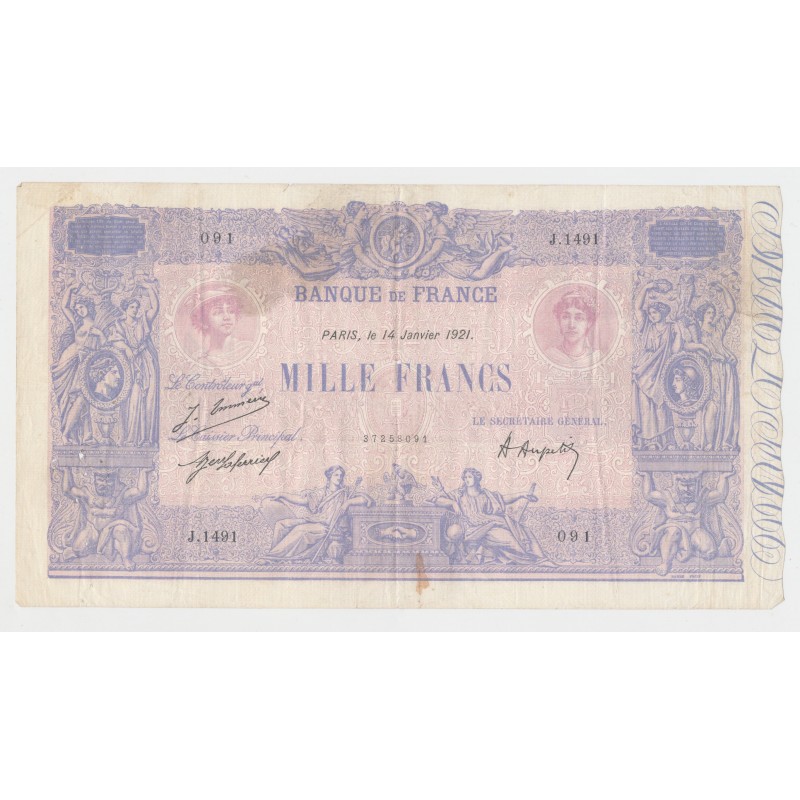 1000 Francs bleu et Rose - 14.1.1921 - J.1491 - TB/TB+
