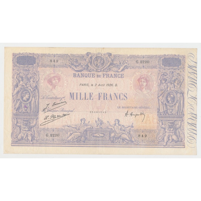 1000 Francs bleu et Rose - 2.4.1926 - G.2220 - TTB