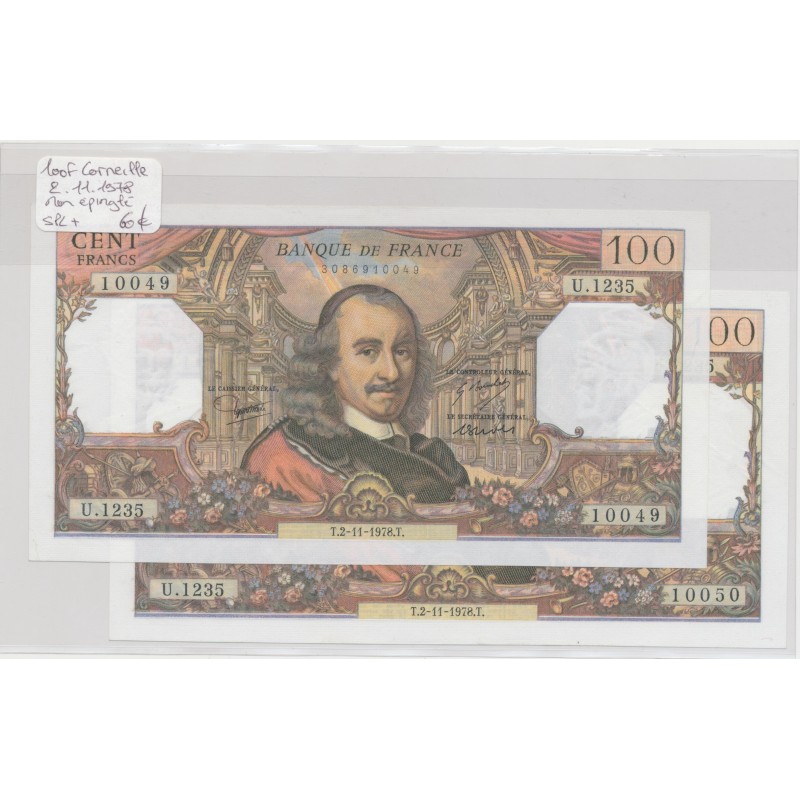 100 Francs Corneille - 2.11.1978 - U.1235 - Lot 2 Billets avec numéros qui se suivent - SPL+