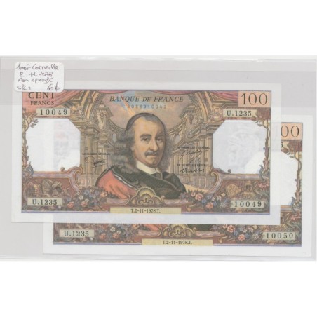 100 Francs Corneille - 2.11.1978 - U.1235 - Lot 2 Billets avec numéros qui se suivent - SPL+