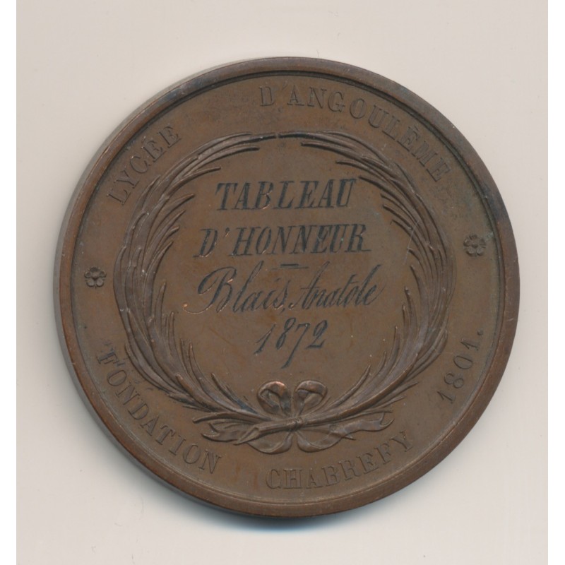 Médaille - Lycée d'Angoulême - fondation Chabrefy - tableau honneur 1872 - bronze - 51mm - TTB