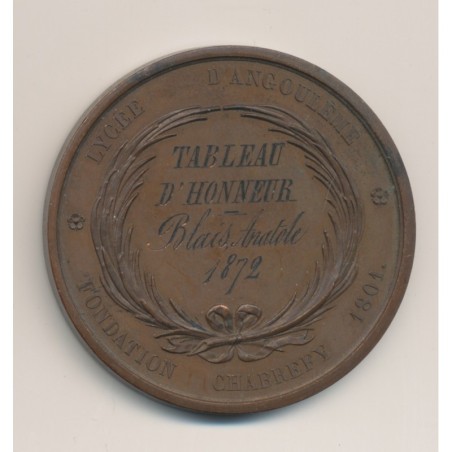 Médaille - Lycée d'Angoulême - fondation Chabrefy - tableau honneur 1872 - bronze - 51mm - TTB