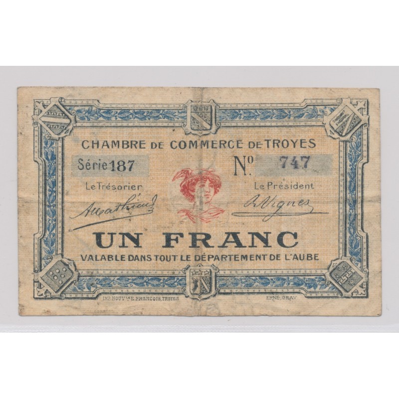 Dept 10 - 1 Franc 1918 - Troyes - série 187 - TB