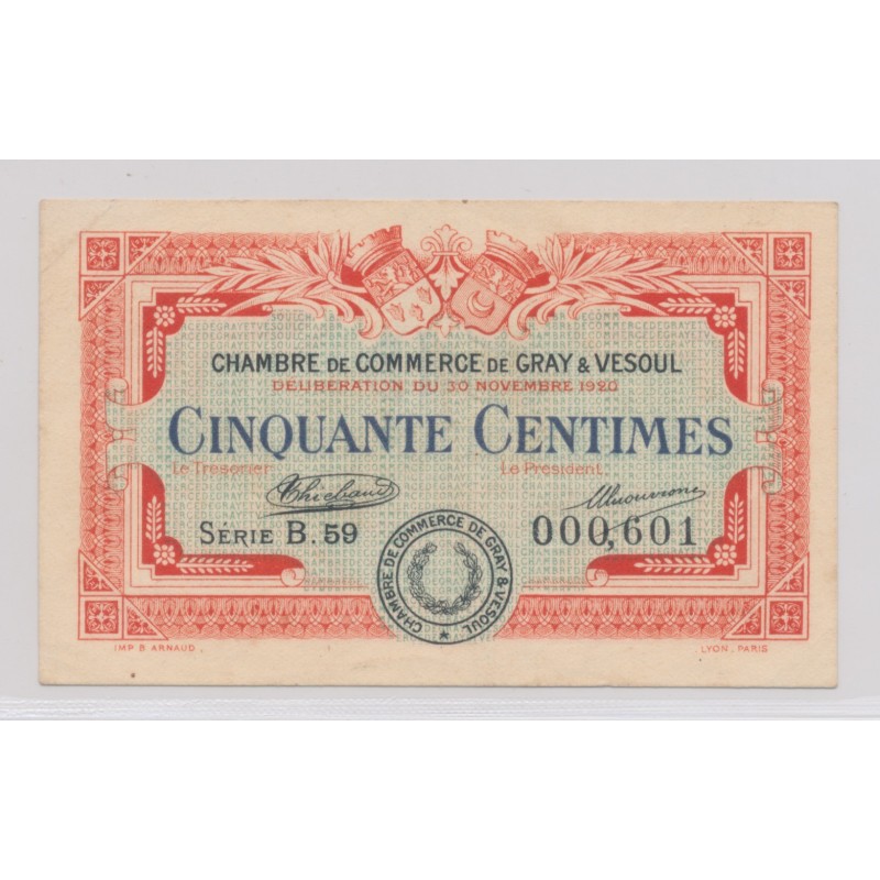 Dept70 - 50 Centimes 1920 -Gray et Vesoul - série B.59 - TTB