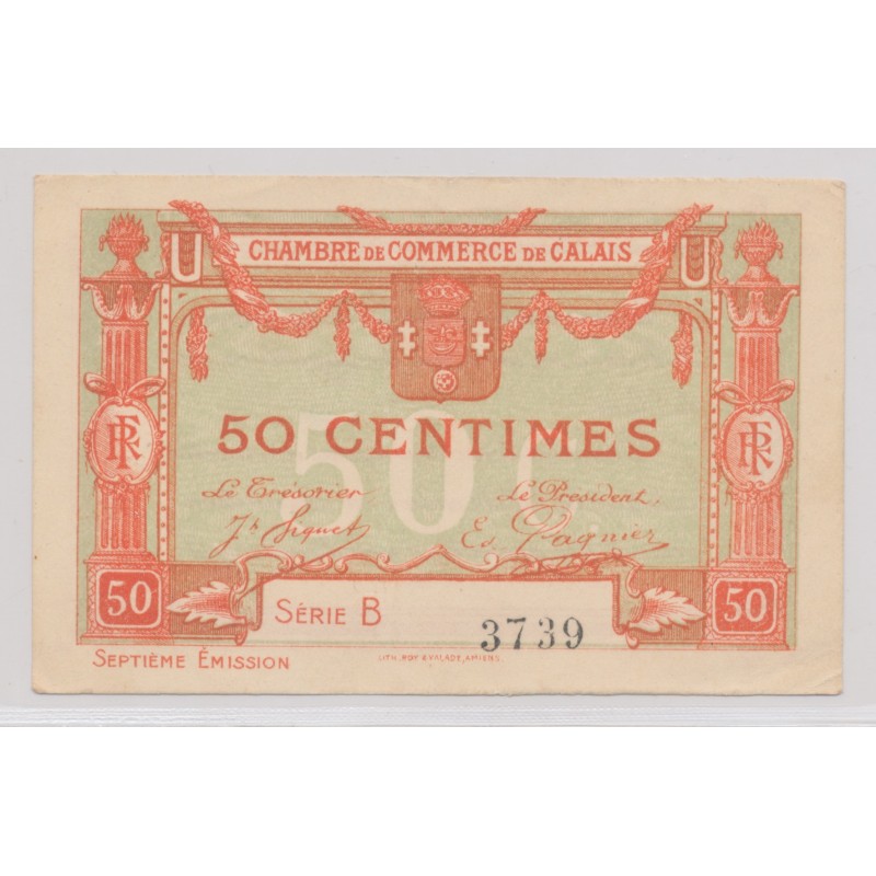 Dept62 - 50 Centimes 1919 - Calais - Rouge et série B - TTB+