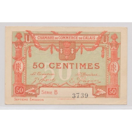 Dept62 - 50 Centimes 1919 - Calais - Rouge et série B - TTB+