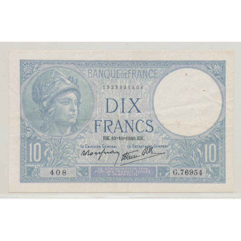 10 Francs Minerve bleu - 10.10.1940 - G.76954 - TTB+