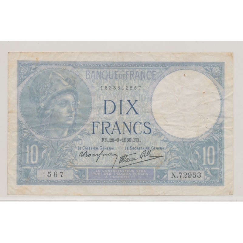 10 Francs Minerve bleu - 28.9.1939 - N.72