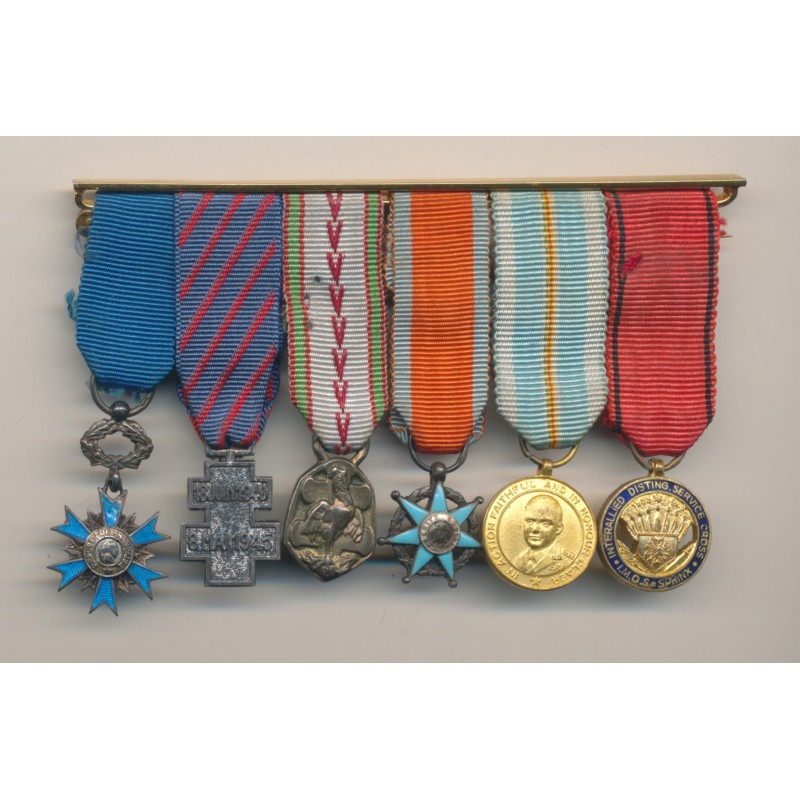 Barette 6 Décorations - ONM chevalier, France Libre, commemo 1939-45, mérite social chevalier et 2 médailles associations ancien