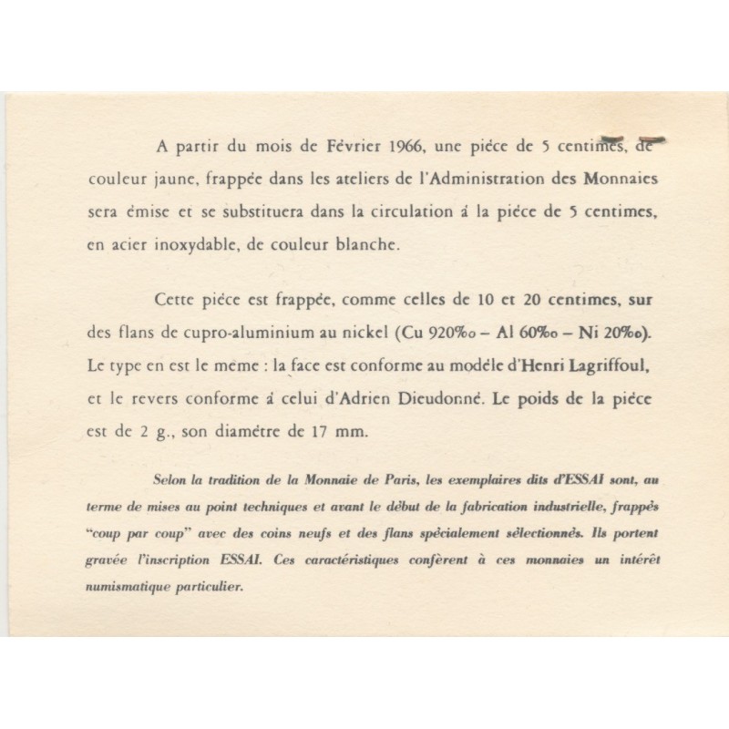 5 Centimes Marianne - 1966 Essai - et lettre Monnaie de Paris