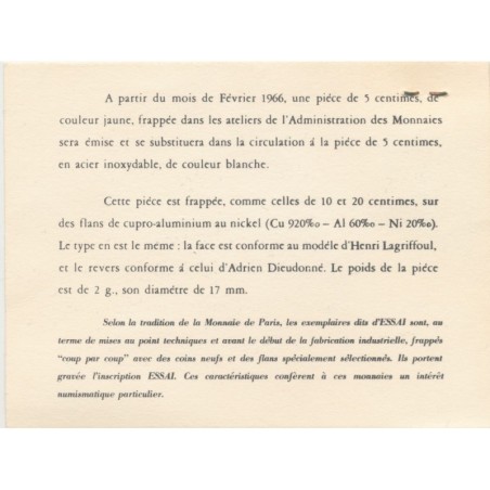 5 Centimes Marianne - 1966 Essai - et lettre Monnaie de Paris