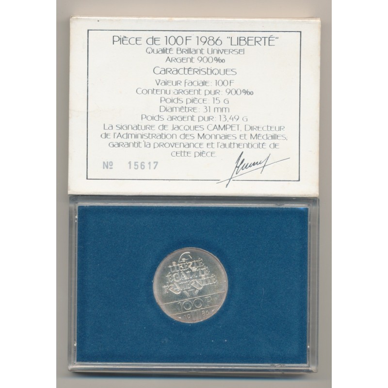 Coffret - 100 Francs Liberté - 1986 - argent Brillant universel