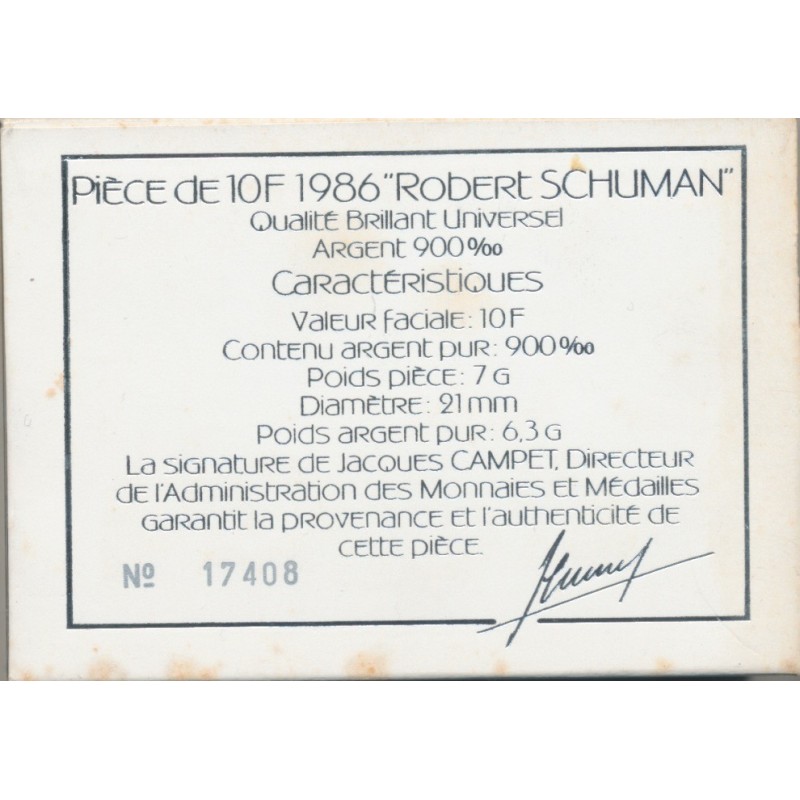 Coffret - 10 Francs Schuman - 1986 - argent Brillant universel