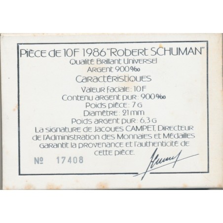 Coffret - 10 Francs Schuman - 1986 - argent Brillant universel