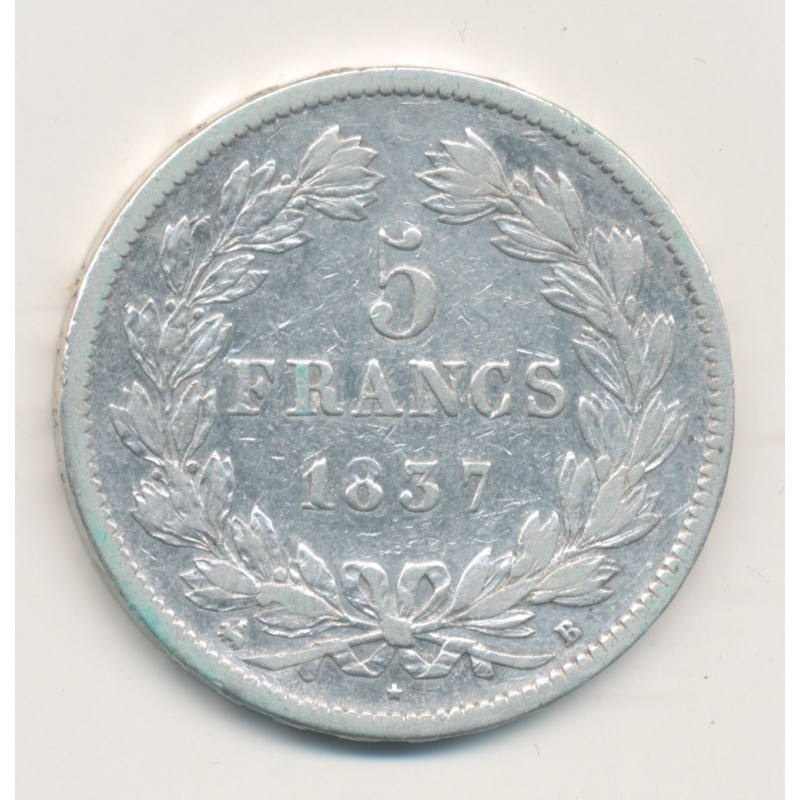 5 Francs Louis philippe I - 1837 B Rouen - Tête laurée - TB+