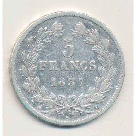 5 Francs Louis philippe I - 1837 B Rouen - Tête laurée - TB+